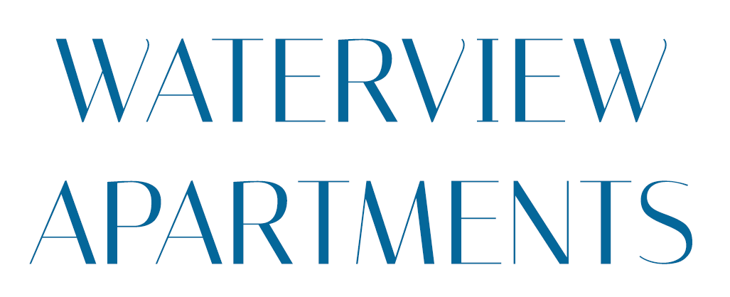 The image displays the words "Waterview Apartments" in blue text.